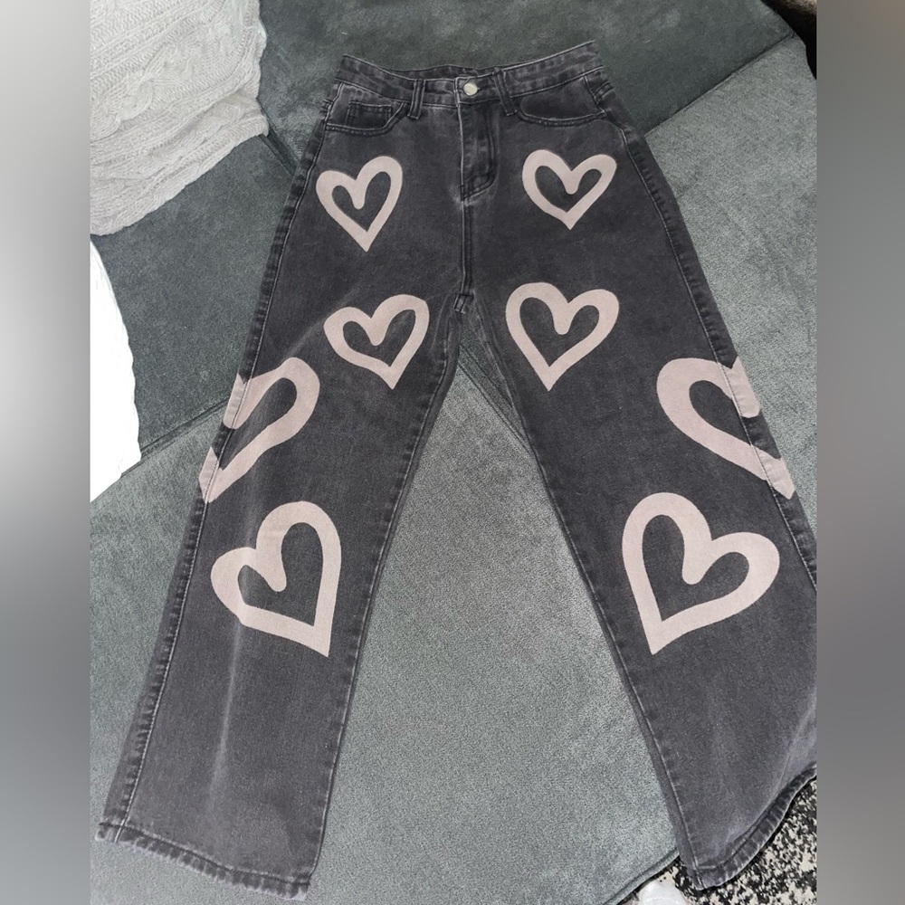 Heart Patterned Black Straight Leg Jeans